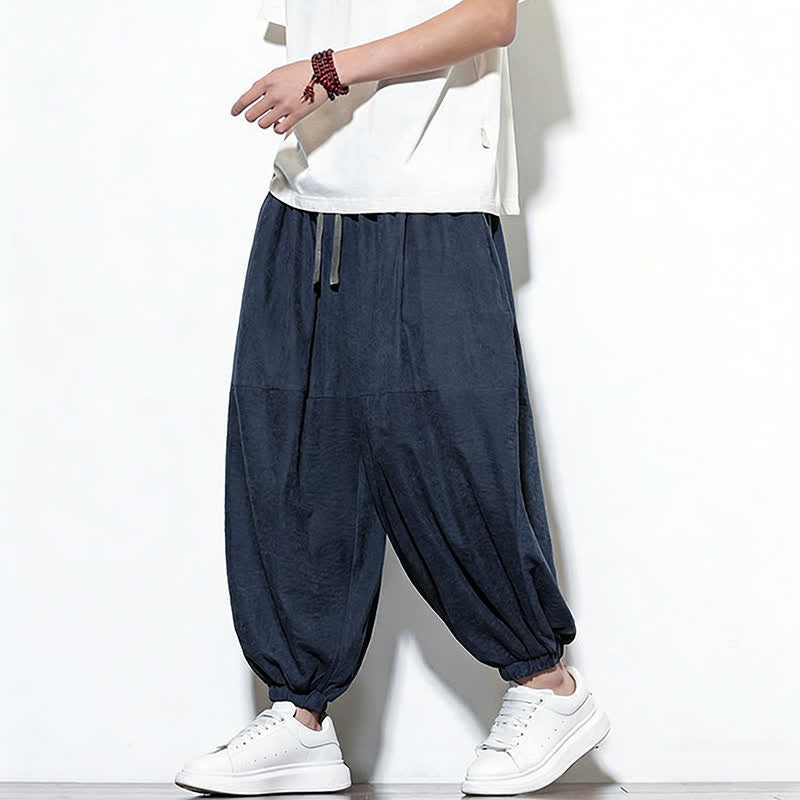 Buddha Stones Spring Solid Color Drawstring Cropped Men's Harem Cotton Pants With Pockets - image 2
