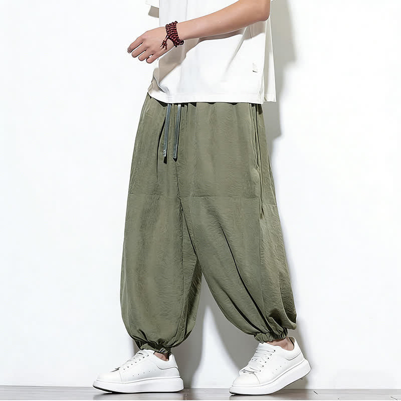 Buddha Stones Spring Solid Color Drawstring Cropped Men's Harem Cotton Pants With Pockets - image 29