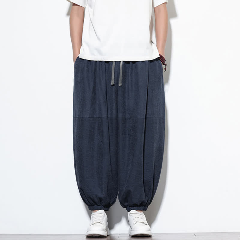 Buddha Stones Spring Solid Color Drawstring Cropped Men's Harem Cotton Pants With Pockets - image 1