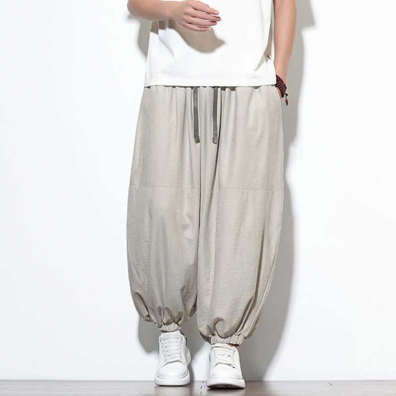 Buddha Stones Spring Solid Color Drawstring Cropped Men's Harem Cotton Pants With Pockets - image 11