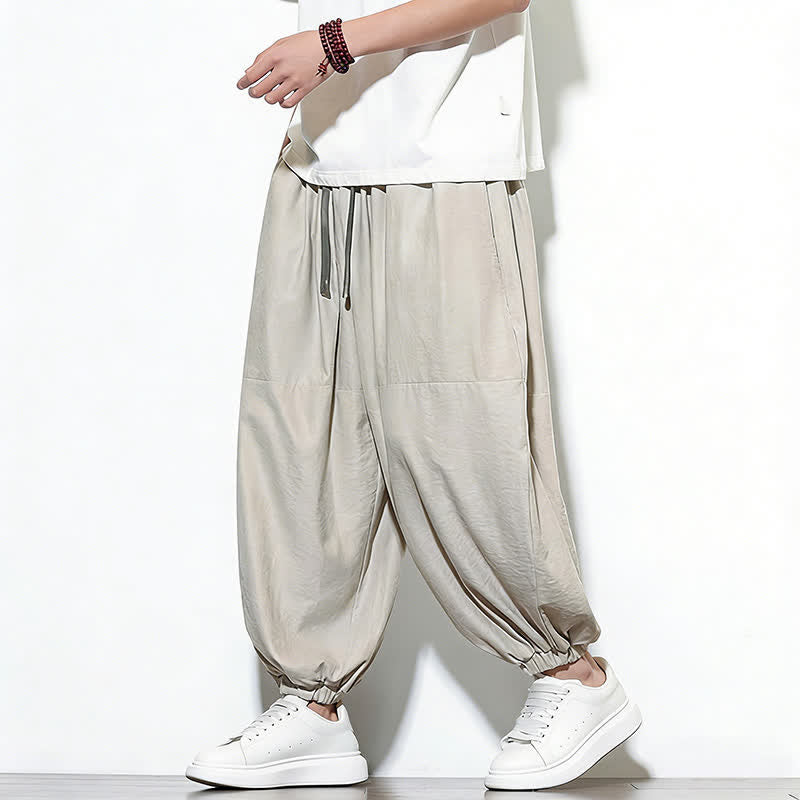 Buddha Stones Spring Solid Color Drawstring Cropped Men's Harem Cotton Pants With Pockets - image 14