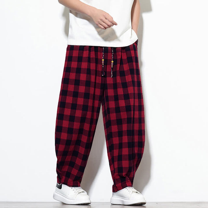 Buddha Stones Summer Plaid Pattern High Waist Drawstring Men's Harem Pants With Pockets - image 24