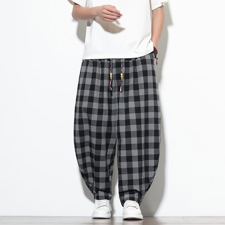 Buddha Stones Summer Plaid Pattern High Waist Drawstring Men's Harem Pants With Pockets - Black - US/UK/AU46，EU56 (5XL) - image 0