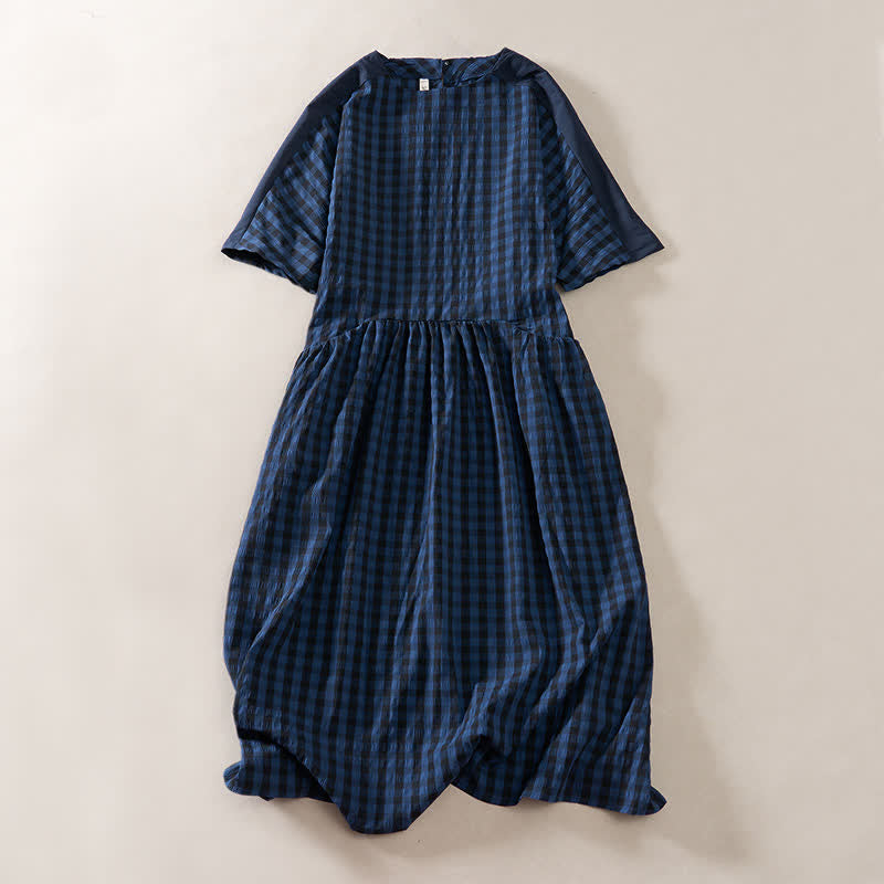 Buddha Stones Summer MidnightBlue Checked  A-line Pleated Crew Neck Knee Length Women's Short Sleeve Dress - image 1