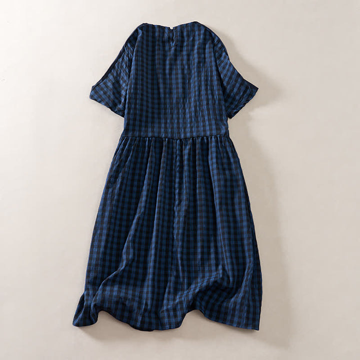 Buddha Stones Summer MidnightBlue Checked  A-line Pleated Crew Neck Knee Length Women's Short Sleeve Dress - image 2