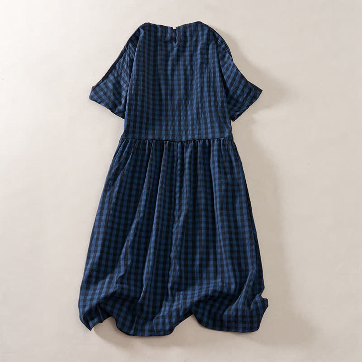 Buddha Stones Summer MidnightBlue Checked  A-line Pleated Crew Neck Knee Length Women's Short Sleeve Dress - image 3