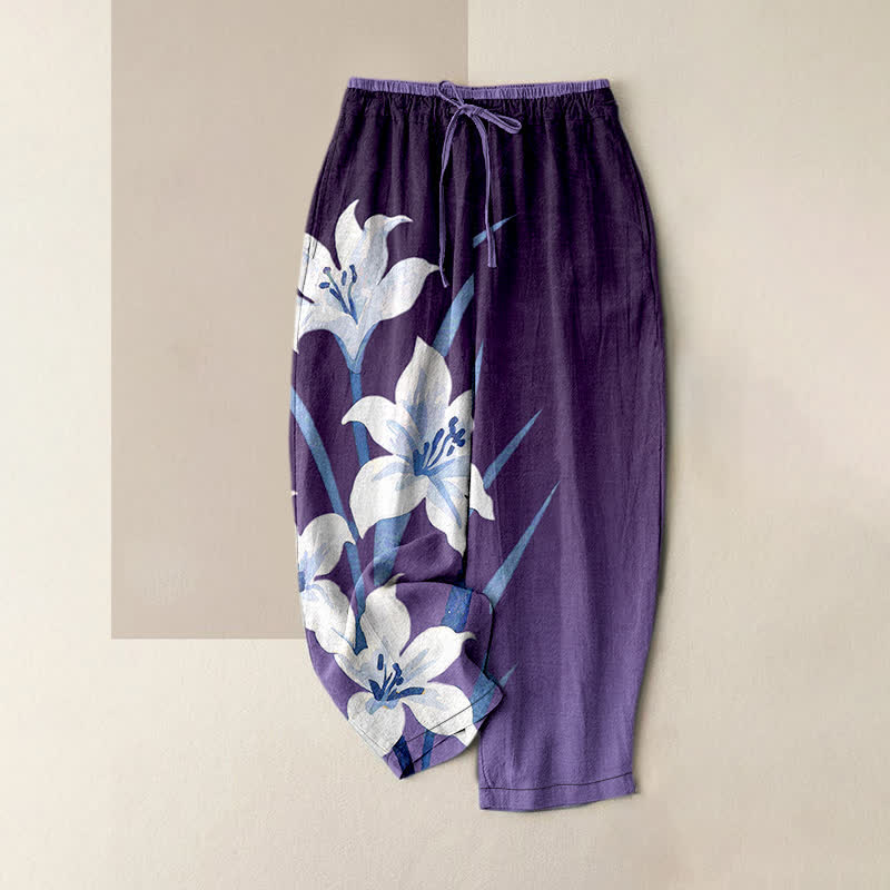 Buddha Stones Pure Cotton Lily Print Elastic Waist Drawstring Women's Pants With Pockets - Indigo - US16，UK/AU20，EU48 (3XL) - image 5