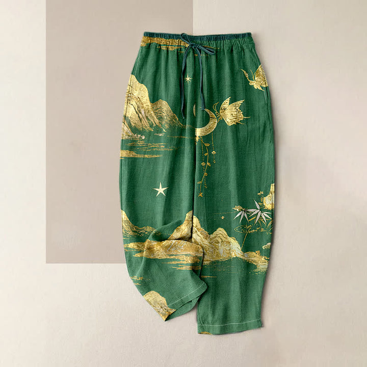 Buddha Stones Cotton Mountain Moon Butterfly Pattern Elastic Waist Women's Pants With Pockets - MediumSeaGreen - US16，UK/AU20，EU48 (3XL) - image 6
