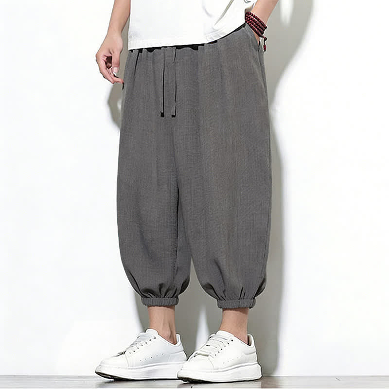 Buddha Stones Spring Solid Color Drawstring Elastic Design Men's Harem Capri Pants - image 10