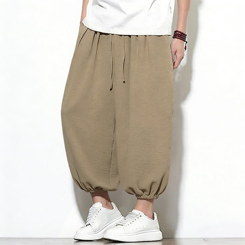 Buddha Stones Spring Solid Color Drawstring Elastic Design Men's Harem Capri Pants - image 35