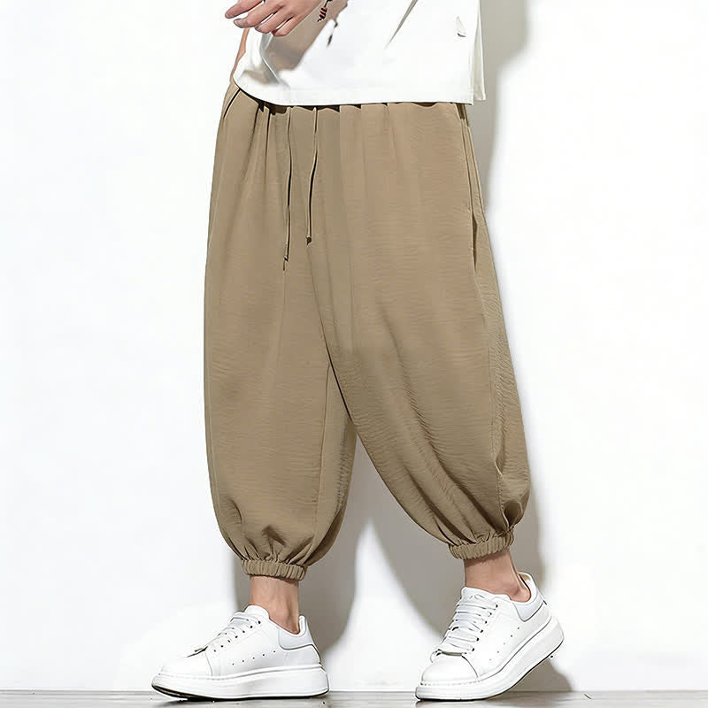 Buddha Stones Spring Solid Color Drawstring Elastic Design Men's Harem Capri Pants - image 32