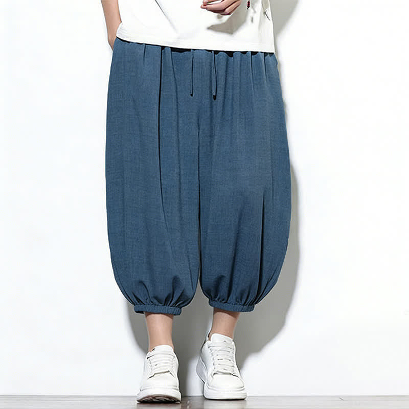 Buddha Stones Spring Solid Color Drawstring Elastic Design Men's Harem Capri Pants - image 39