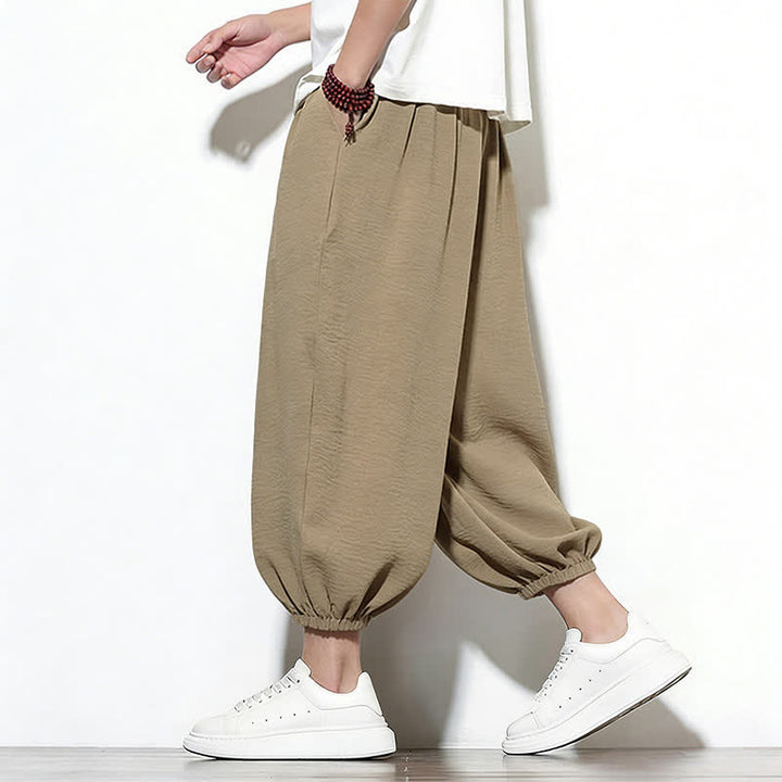 Buddha Stones Spring Solid Color Drawstring Elastic Design Men's Harem Capri Pants - image 30