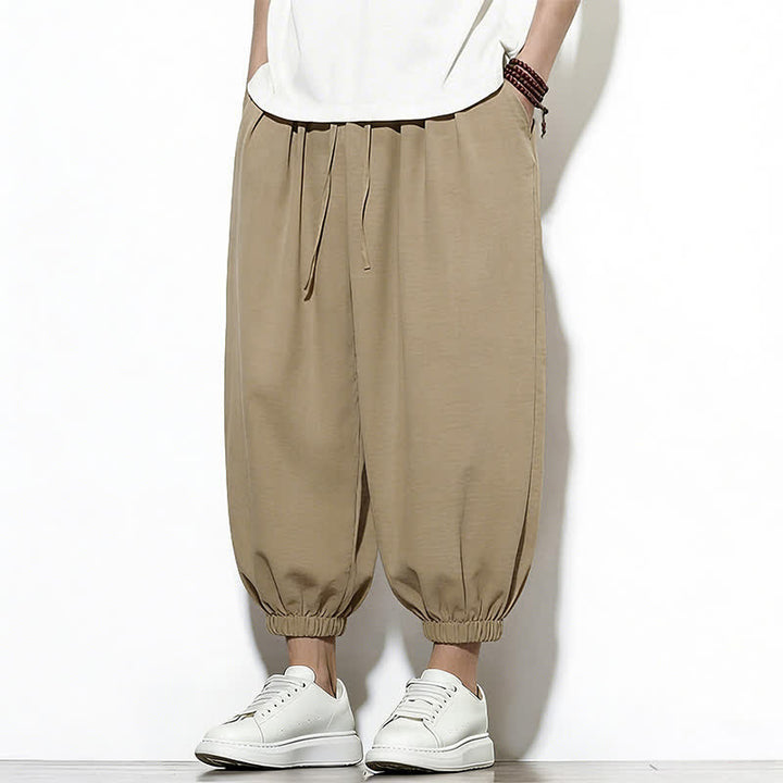 Buddha Stones Spring Solid Color Drawstring Elastic Design Men's Harem Capri Pants - image 34