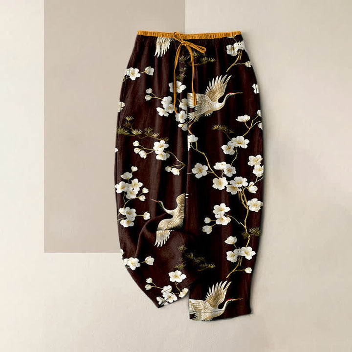 Buddha Stones Pure Cotton Crane Plum Blossom Elastic Waist Women's Pants With Pockets - Maroon - US16，UK/AU20，EU48 (3XL) - image 4