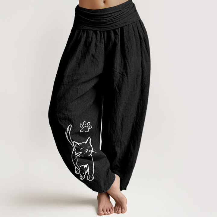 Buddha Stones Pure Cotton Cute Cat Print Women's Harem Elastic Waist Pants - Black - US22，UK/AU26，EU54 (6XL) - image 5