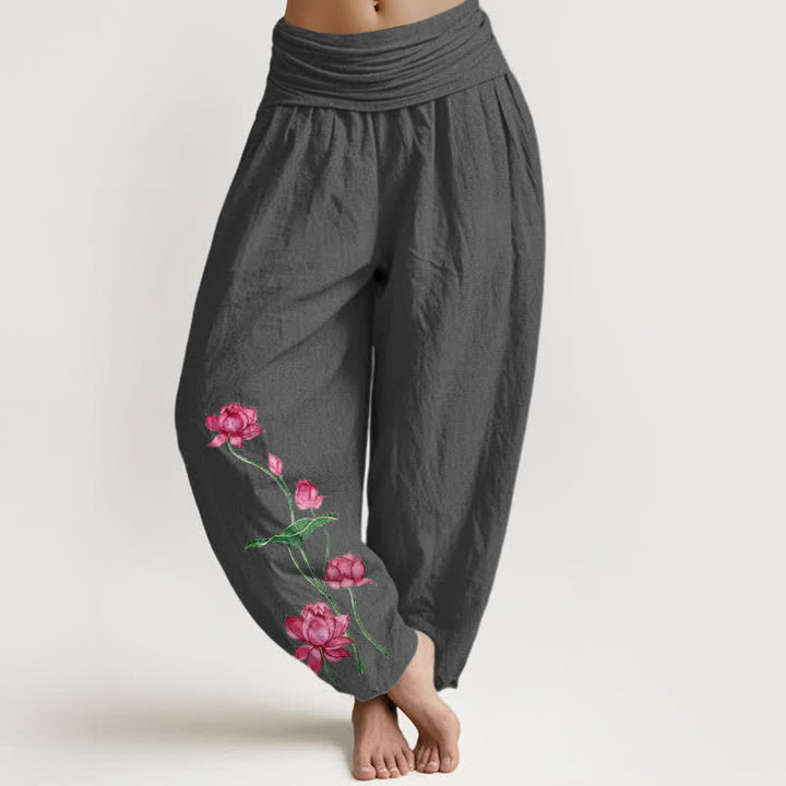 Buddha Stones Pure Cotton Lotus Flower Lotus Leaves Pattern Women's Harem Elastic Waist Pants  - DimGray - US16，UK/AU20，EU48 (3XL) - image 8