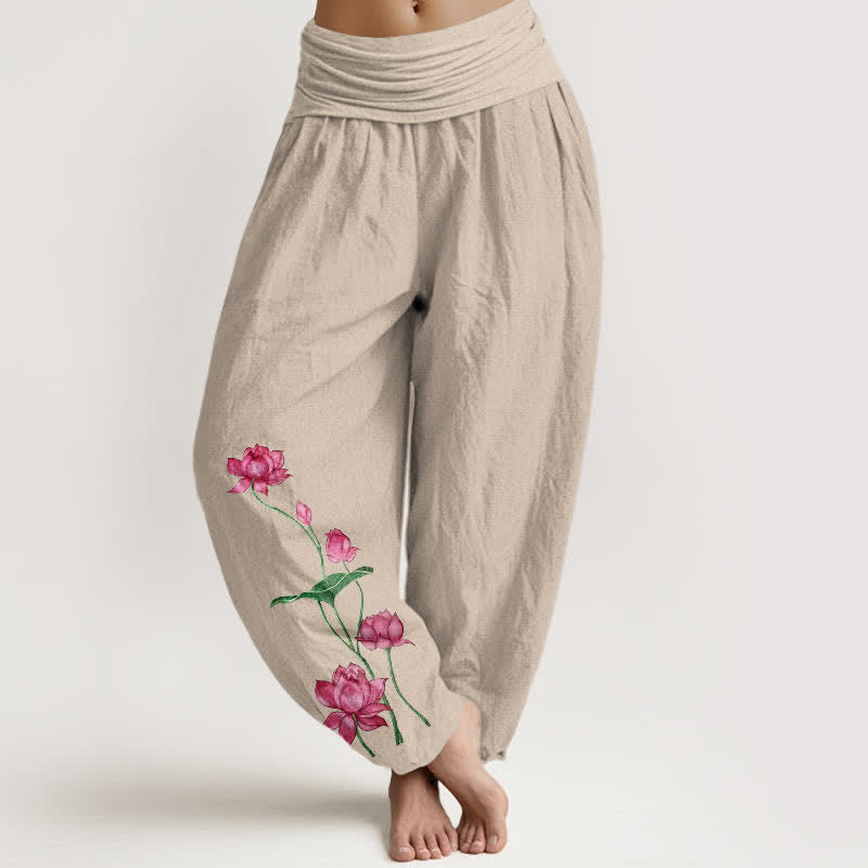 Buddha Stones Pure Cotton Lotus Flower Lotus Leaves Pattern Women's Harem Elastic Waist Pants  - Tan - US16，UK/AU20，EU48 (3XL) - image 11