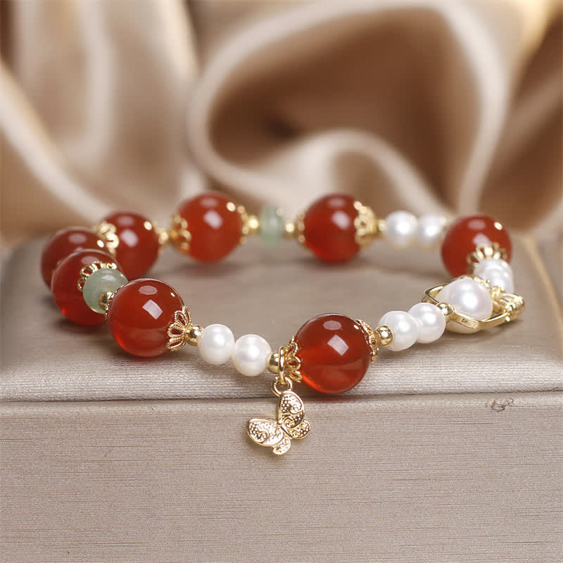 Buddha Stones Natural Red Agate Pearl Butterfly Self-acceptance Bracelet - Red Agate(Wrist Circumference 15-16cm) - image 0