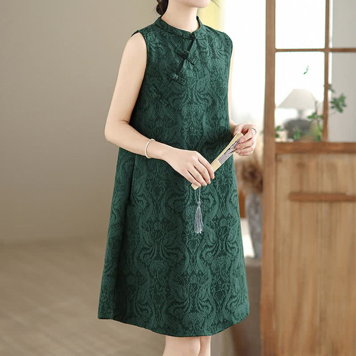 Buddha Stones Mandarin Collar Frog-button Jacquard Pattern Sleeveless Cotton Mini Dress With Pockets - image 4