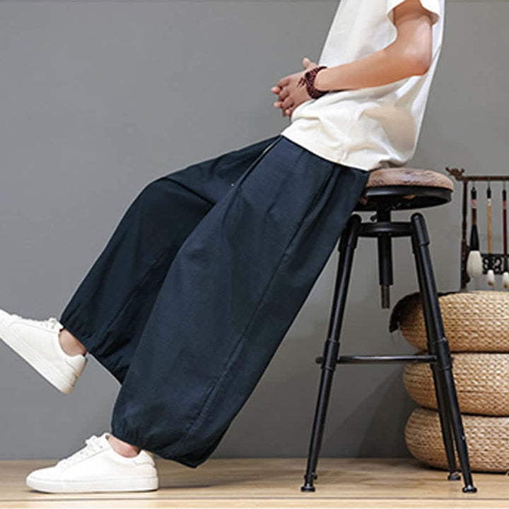 Buddha Stones Summer Zen Elastic Waist Cuff Men's Cropped Harem Pants With Pockets - image 3