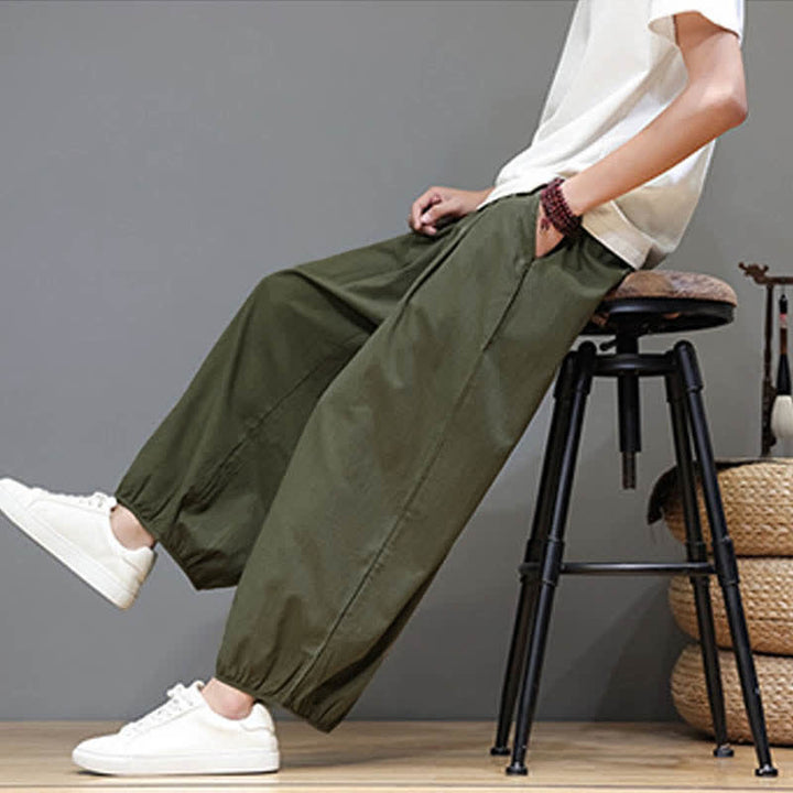 Buddha Stones Summer Zen Elastic Waist Cuff Men's Cropped Harem Pants With Pockets - image 15