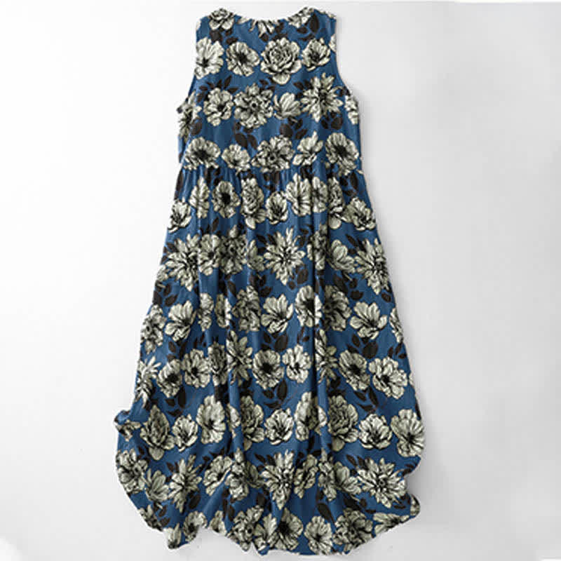 Buddha Stones Summer Large Floral Crew Neck Women's Sleeveless Below Knee Dress With Pockets - RoyalBlue - US12，UK/AU16，EU44 (2XL) - image 0
