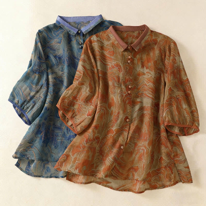 Buddha Stones Summer Floral Print Button Up Mandarin Collar Chiffon Women's Elbow-Length Sleeve Shirt - image 15