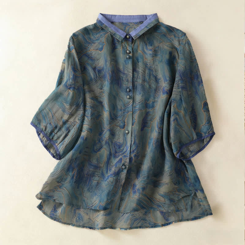 Buddha Stones Summer Floral Print Button Up Mandarin Collar Chiffon Women's Elbow-Length Sleeve Shirt - CadetBlue - US8-10，UK/AU12-14，EU40-42 (2XL) - image 0
