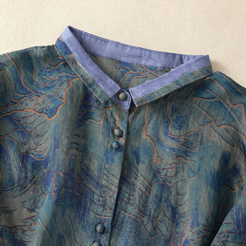 Buddha Stones Summer Floral Print Button Up Mandarin Collar Chiffon Women's Elbow-Length Sleeve Shirt - image 2