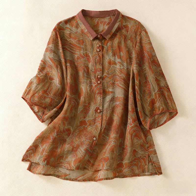 Buddha Stones Summer Floral Print Button Up Mandarin Collar Chiffon Women's Elbow-Length Sleeve Shirt - Peru - US8-10，UK/AU12-14，EU40-42 (2XL) - image 8