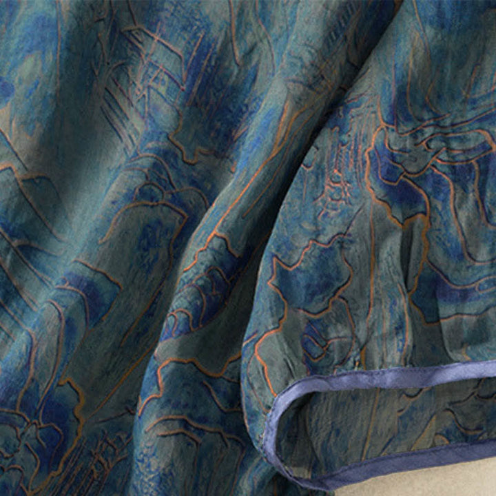 Buddha Stones Summer Floral Print Button Up Mandarin Collar Chiffon Women's Elbow-Length Sleeve Shirt - image 5