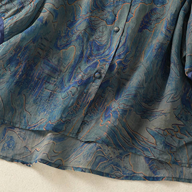 Buddha Stones Summer Floral Print Button Up Mandarin Collar Chiffon Women's Elbow-Length Sleeve Shirt - image 6