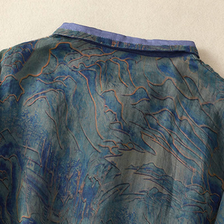 Buddha Stones Summer Floral Print Button Up Mandarin Collar Chiffon Women's Elbow-Length Sleeve Shirt - image 3