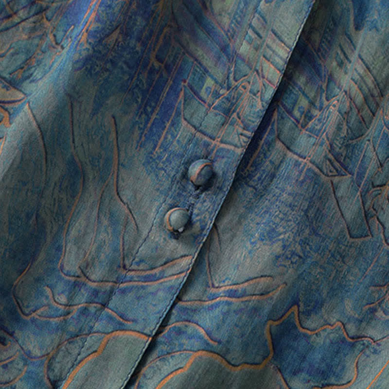 Buddha Stones Summer Floral Print Button Up Mandarin Collar Chiffon Women's Elbow-Length Sleeve Shirt - image 7