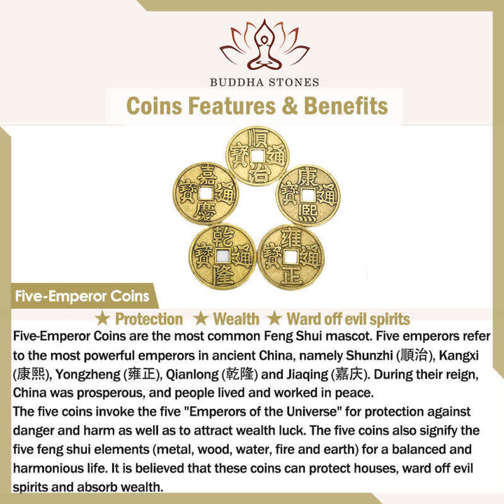 Buddha Stones Vintage Copper Five Emperor Coins Clover Design Wealth Amulet Necklace - image 5