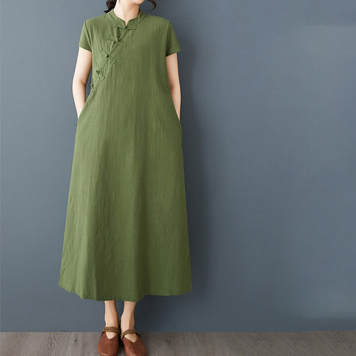 Buddha Stones Summer Minimalist Mandarin Collar Knot Button Solid Linen Women's Short Sleeve Dress With Pockets - image 1