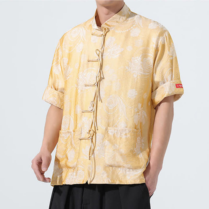 Buddha Stones Summer Tang Style Mandarin Collar Floral Jacquard Men's Short Sleeve Shirt With Pockets - image 17