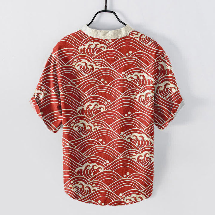 Buddha Stones Cotton Wave Emblem Men's Short Sleeve Half Button Shirt - image 4