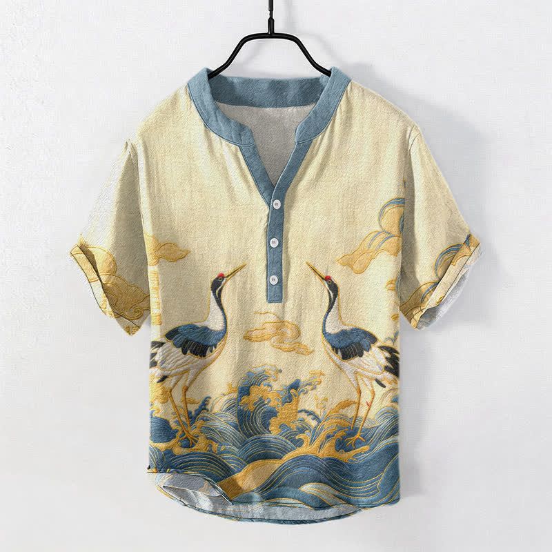 Buddha Stones Cotton Crane Wave Emblem Men's Short Sleeve Half Button Shirt - LightGoldenrodYellow - US/UK/AU50，EU60 (5XL) - image 0