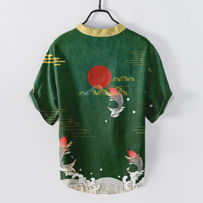 Buddha Stones Cotton Koi Fish Red Sun Cloud Emblem Men's Short Sleeve Half Button Shirt - image 4