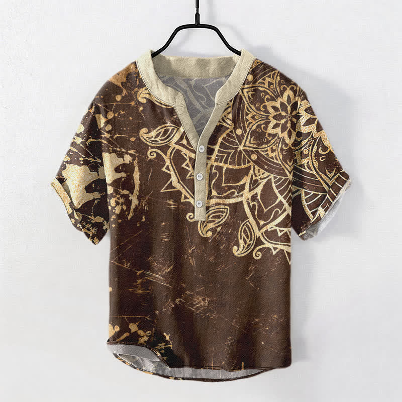 Buddha Stones Cotton Lotus Mandala Emblem Men's Short Sleeve Half Button Shirt - SaddleBrown - US/UK/AU50，EU60 (5XL) - image 5