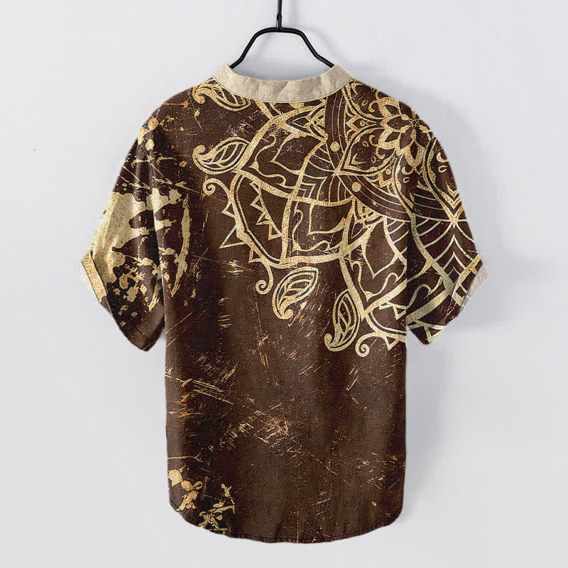 Buddha Stones Cotton Lotus Mandala Emblem Men's Short Sleeve Half Button Shirt - image 6