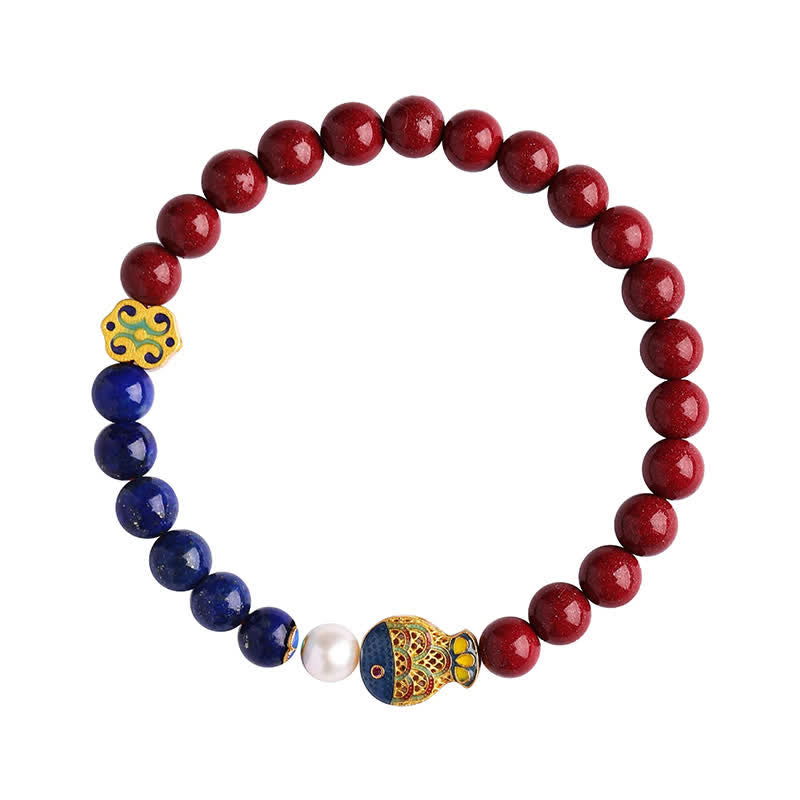 Buddha Stones Cinnabar Lapis Lazuli Koi Fish Ruyi Cloud Charm Blessing Beaded Bracelet - image 4