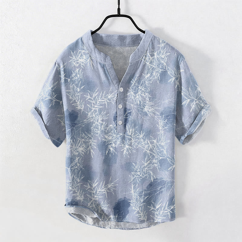 Buddha Stones Cotton Bamboo Leaf Pattern Men's Short Sleeve Half Button Shirt - LightSteelBlue - US/UK/AU50，EU60 (5XL) - image 3