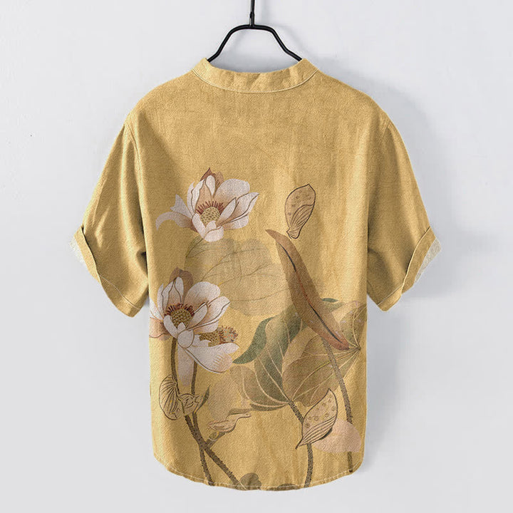 Buddha Stones Cotton Hand Painted Lotus Pattern Men's Short Sleeve Half Button Shirt - image 1