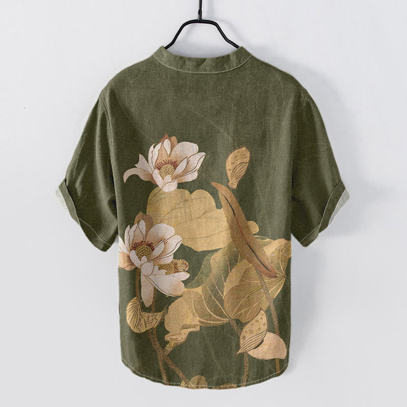 Buddha Stones Cotton Hand Painted Lotus Pattern Men's Short Sleeve Half Button Shirt - image 4