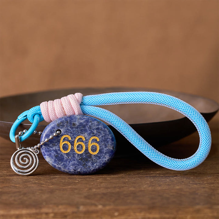 Buddha Stones "Wishing Balance and Inner Peace" 666 Angel Number Natural Sodalite Key Chain Hanging Decoration Includes Gift Message Card - image 1