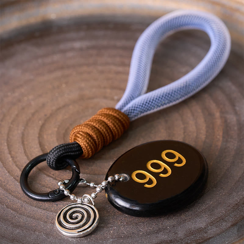 Buddha Stones "Wishing Closure and New Beginnings" 999 Angel Number Natural Black Obsidian Key Chain Hanging Decoration Includes Gift Message Card - image 1