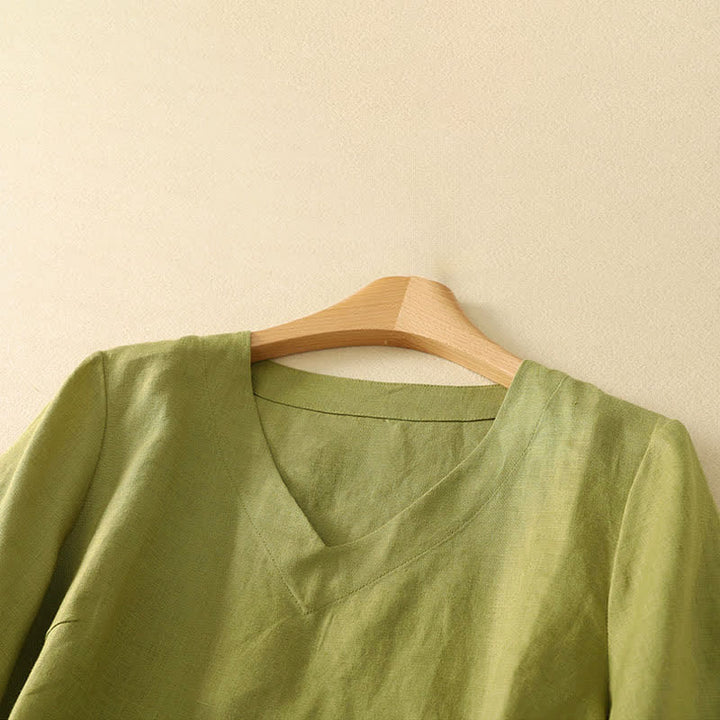 Buddha Stones Summer Minimalist V Neck Solid Women's Short Sleeve T-Shirts - image 1
